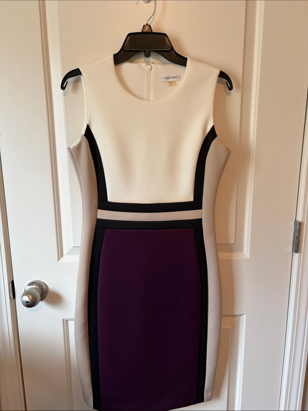 Calvin Klein White, Purple & Taupe Panel Sheath Dress